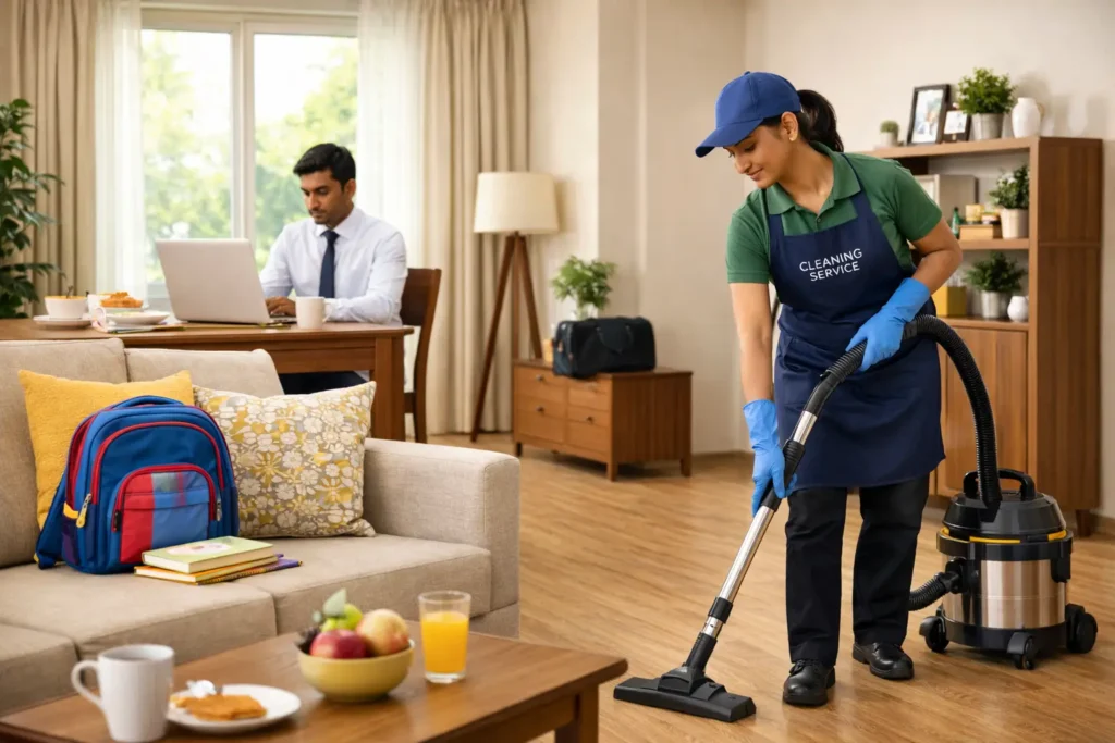 Professional maid cleaning an Indian home while the family focuses on their day.