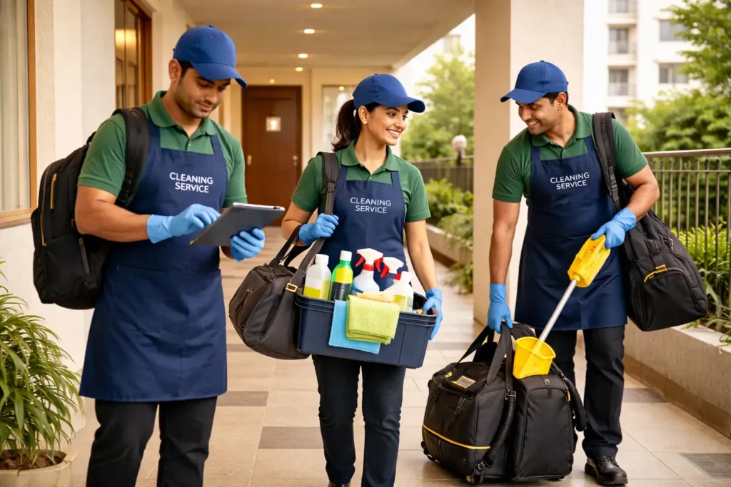 Team of verified Indian cleaning staff arriving on schedule with equipment.