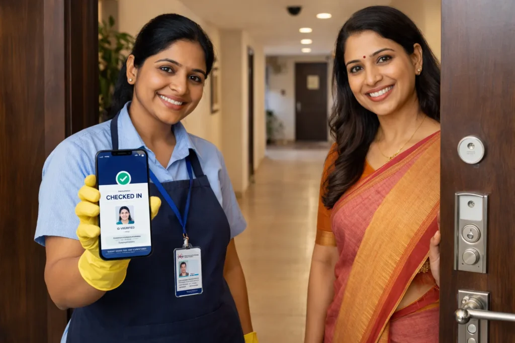 Uniformed cleaner shows ID and app check-in at the door while a smiling homeowner welcomes her into a secure apartment.
