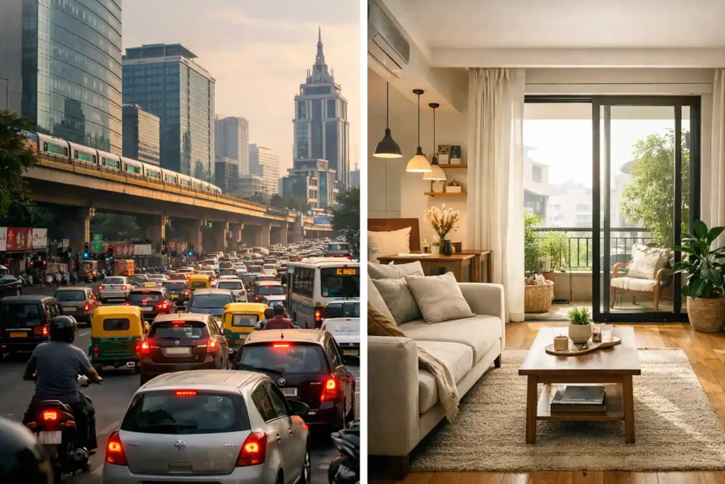 Busy Bangalore city life contrasted with clean apartment interior.
