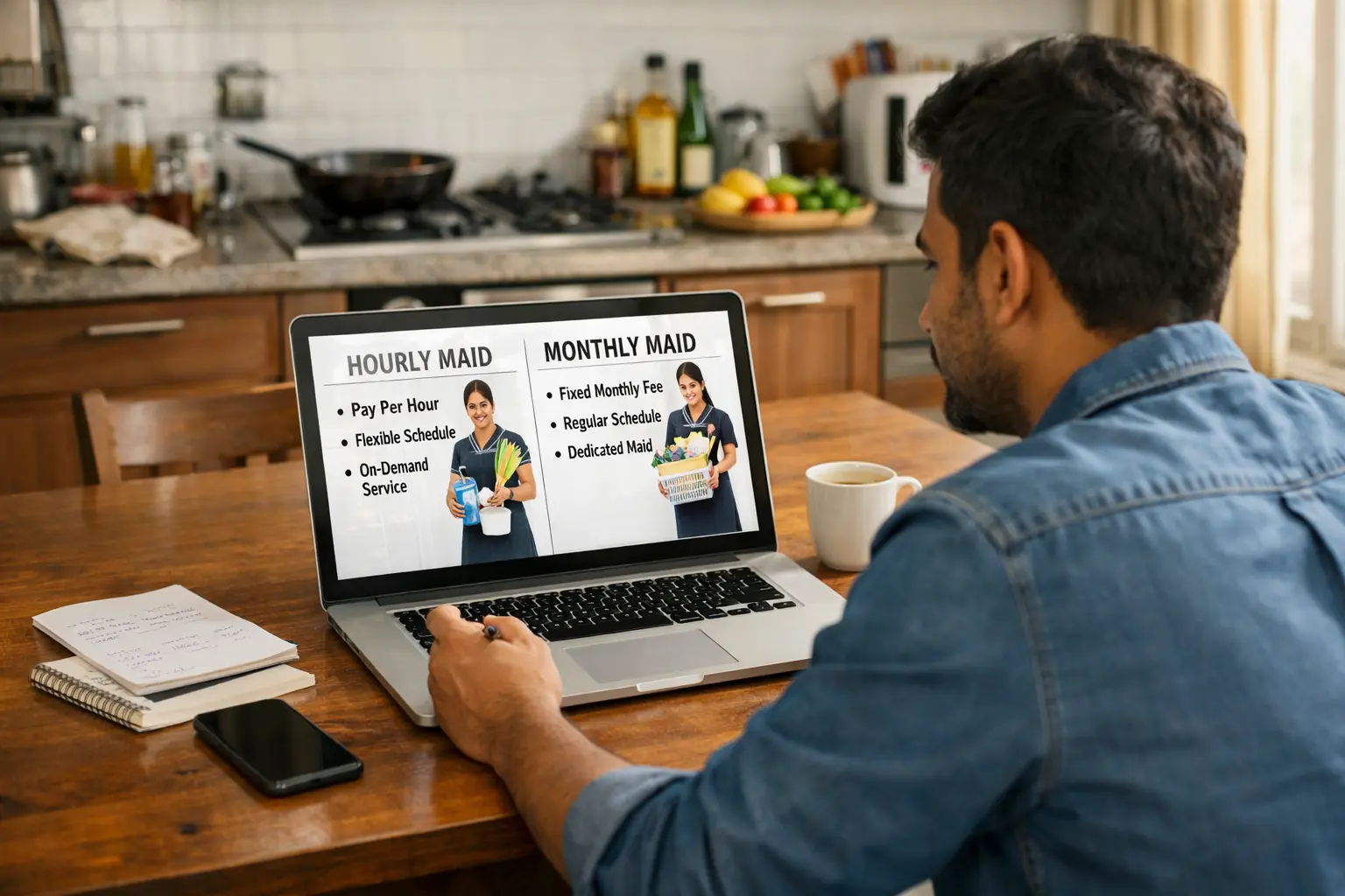 Homeowner comparing quick maid and regular cleaning options in Bangalore apartment