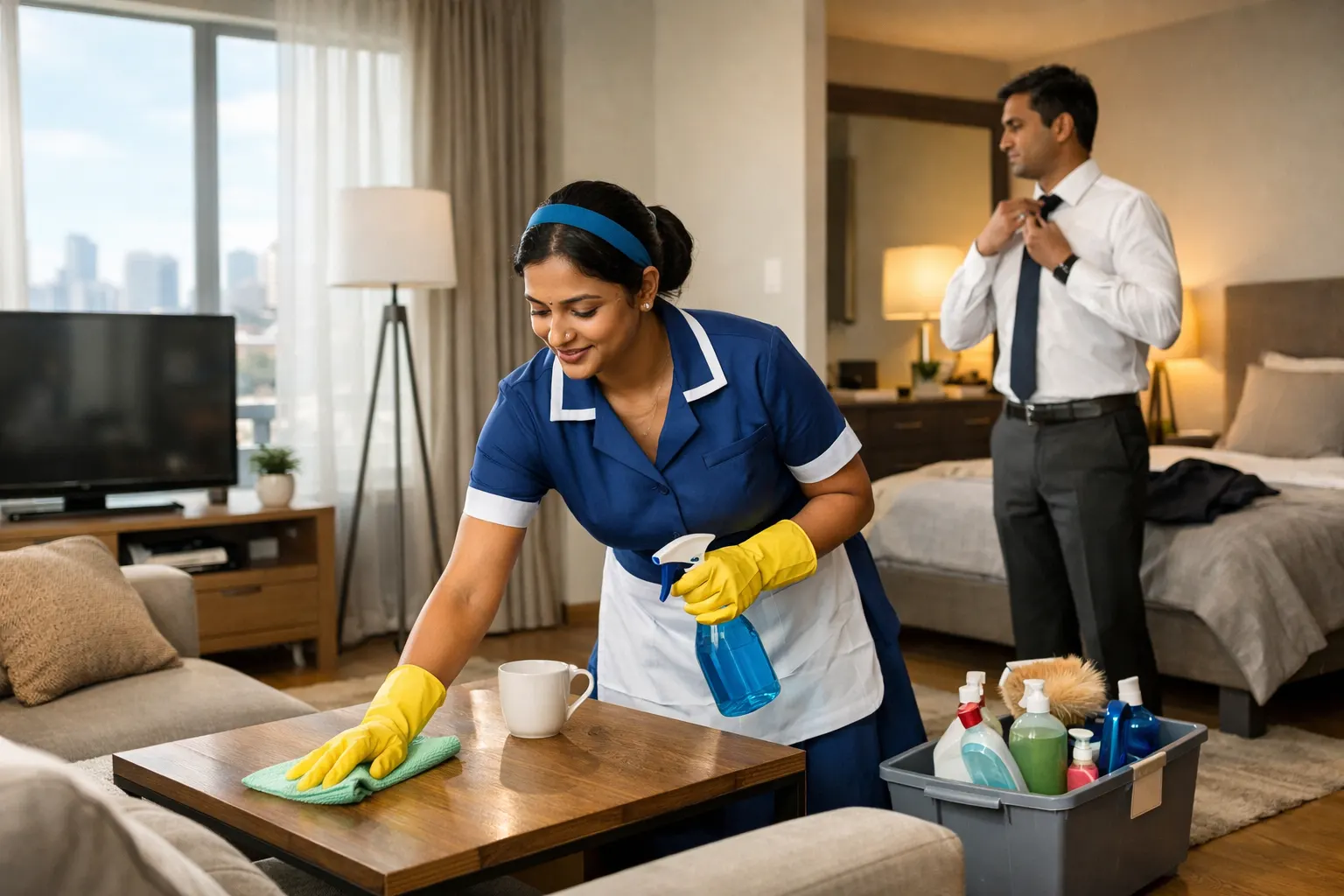 Hourly maid cleaning a Bangalore apartment while a working professional prepares for the day.