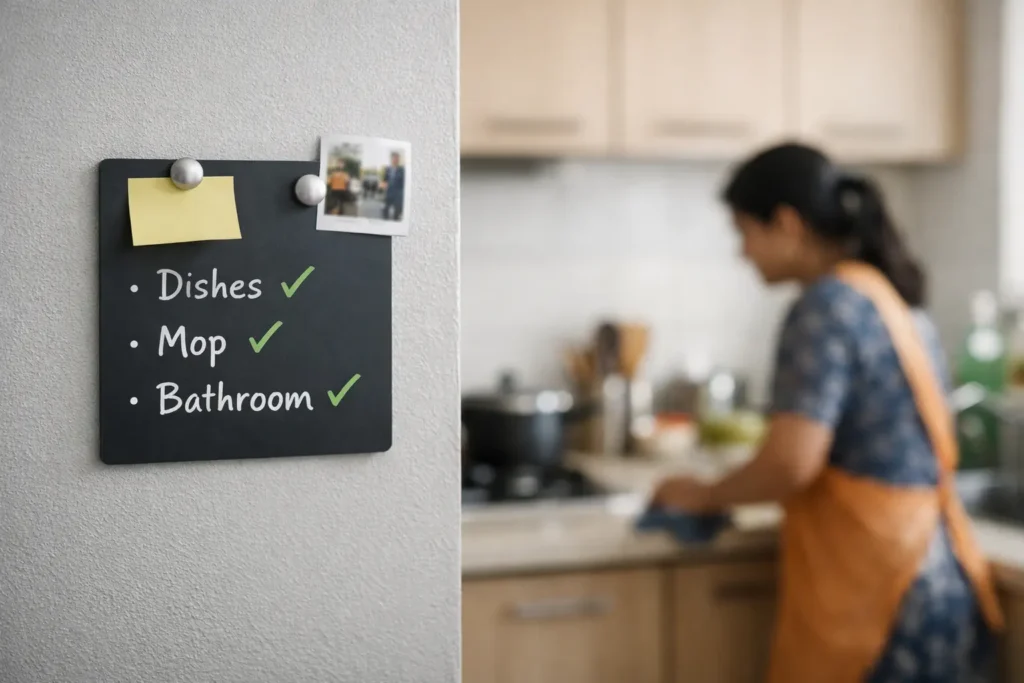 Kitchen task board showing completed cleaning tasks during one-hour maid visit.