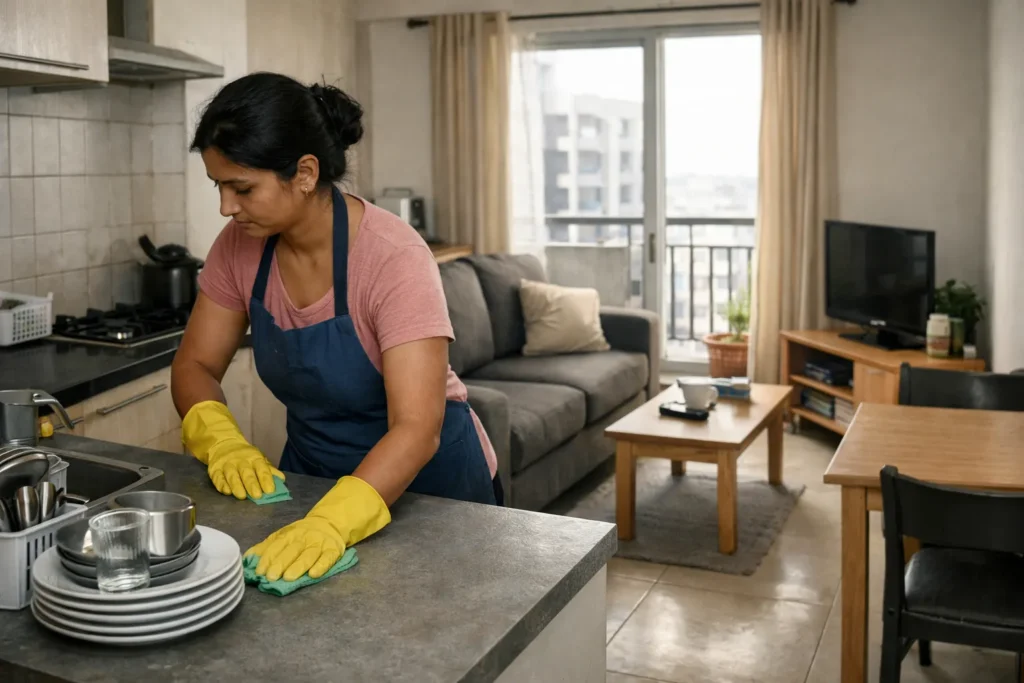 Maid cleaning kitchen counter inside compact Bangalore apartment.