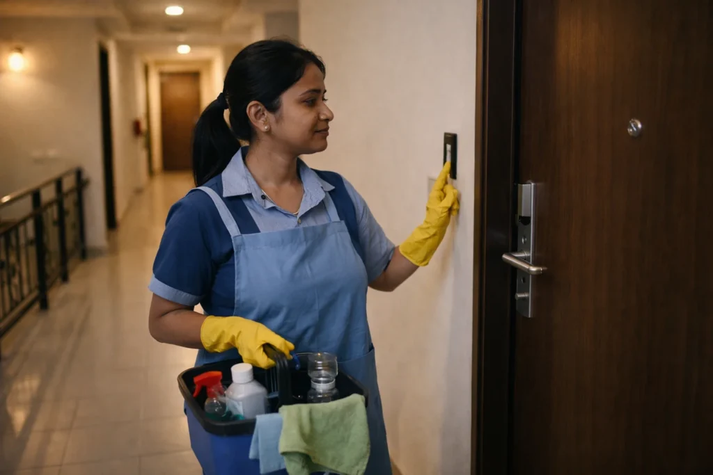 Same-day maid arriving with cleaning kit ready to start work.