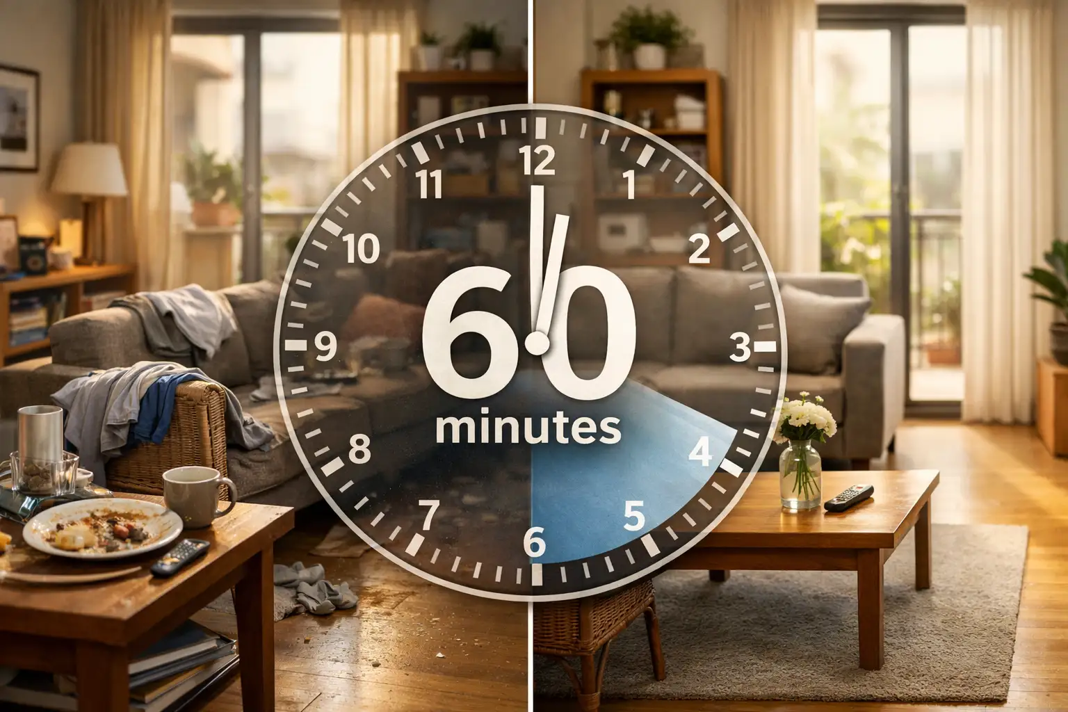 Split image of messy and clean apartment with clock symbolizing one-hour cleaning transformation.