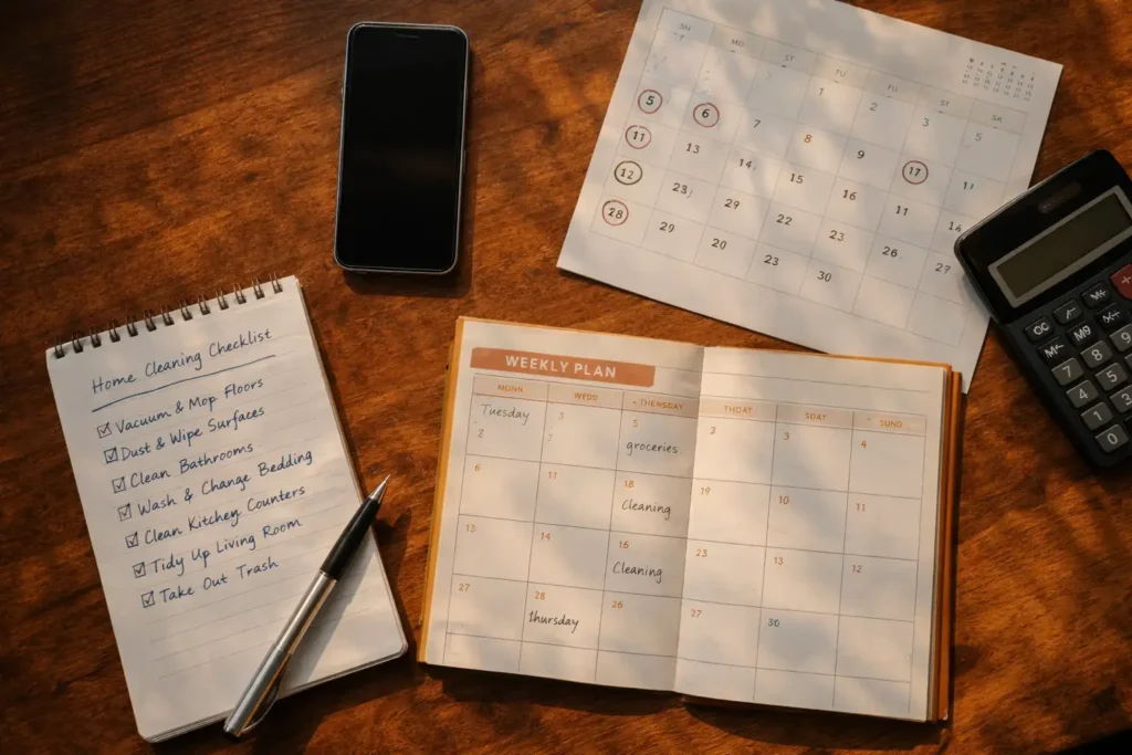 Weekly cleaning schedule and task checklist for planning part-time maid help.