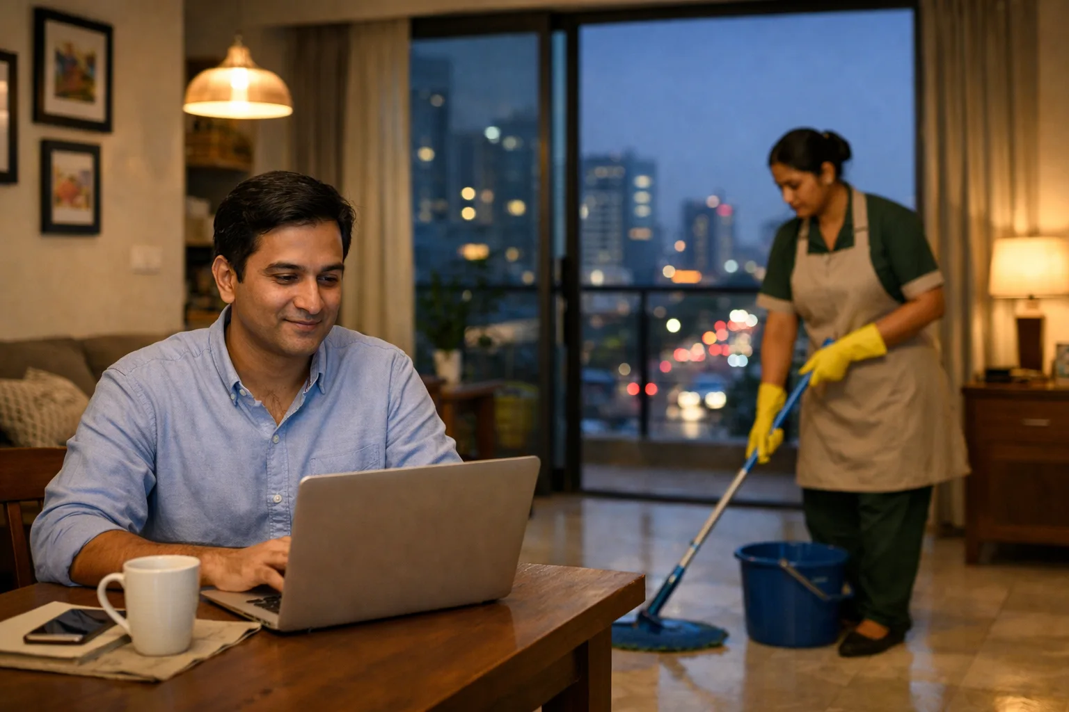 Working professional relaxing at home while maid cleans in background in Bangalore apartment.