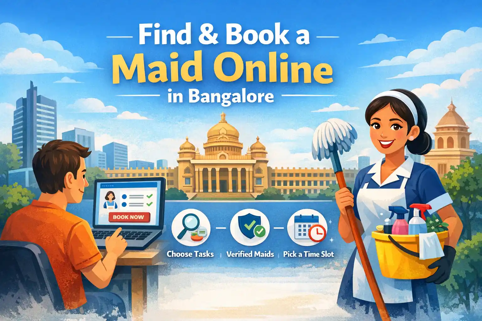 How to find and get a maid online in Bangalore illustration showing a user booking a maid on a laptop and a professional cleaner with supplies in front of city landmarks