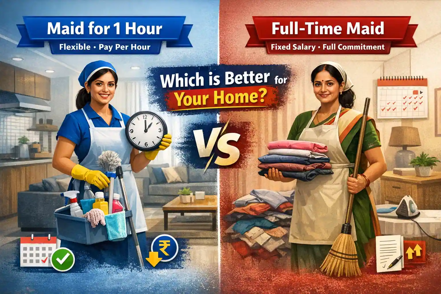 Maid for 1 hour vs full-time maid comparison showing flexible hourly cleaning service and traditional full-time household help in a Bangalore home