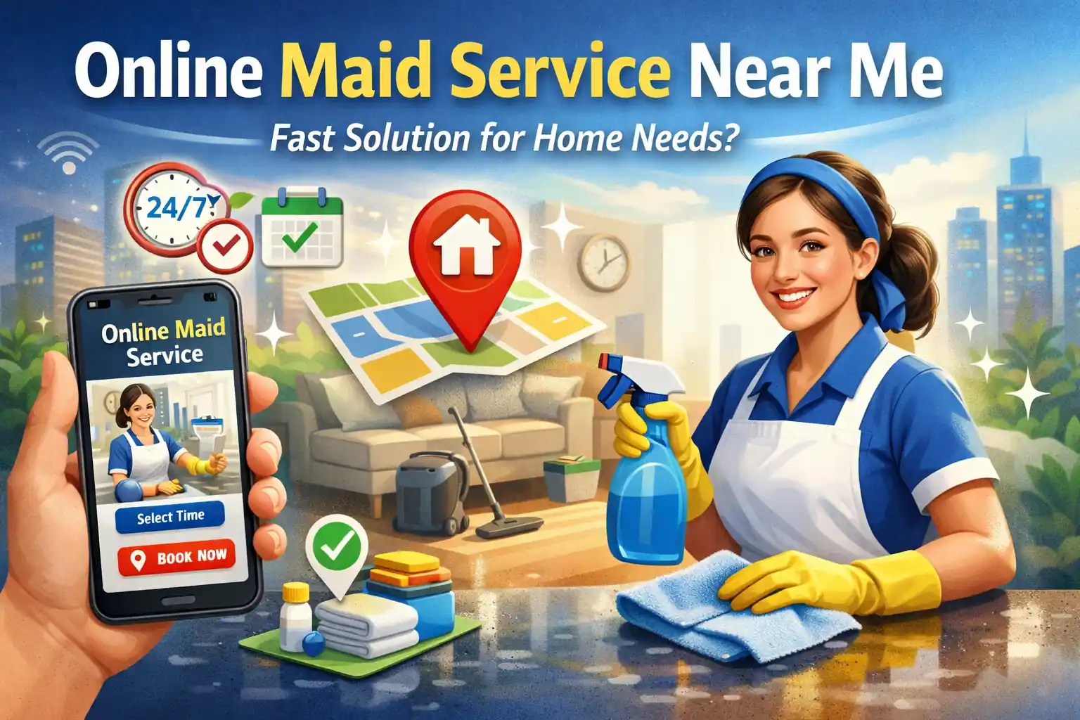 Online maid service near me booking app with professional cleaner in a modern home setting