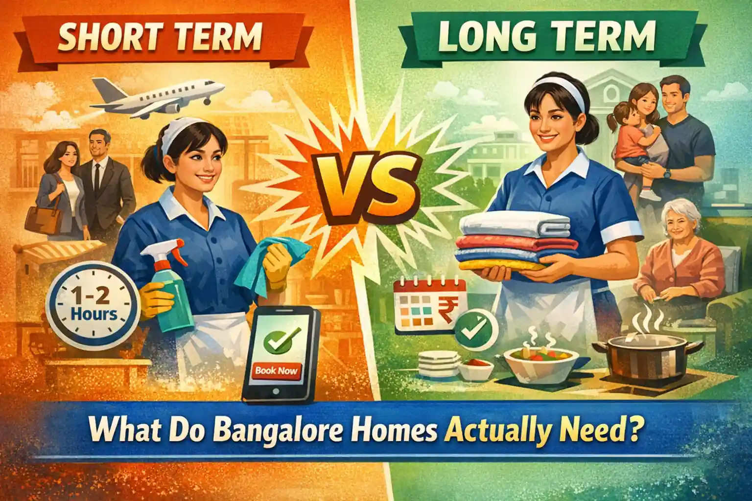 Short term maid service vs long-term maid comparison showing flexible hourly booking and full-time household help in Bangalore