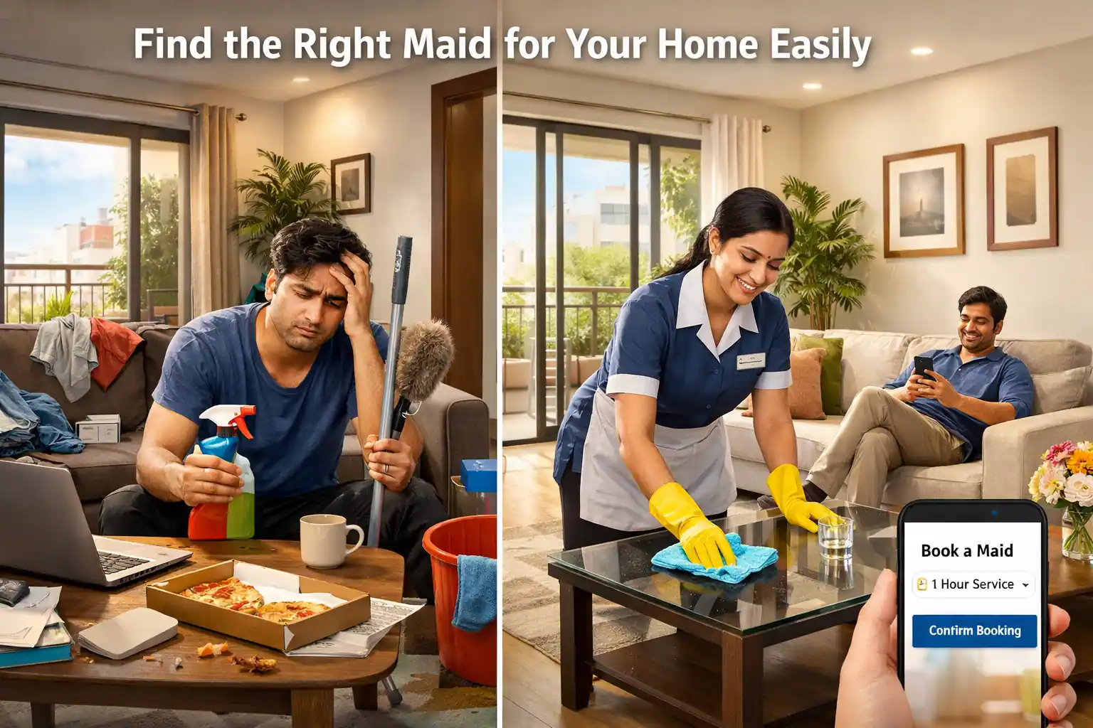 how to find maid for home and image shows Split-scene of a messy apartment with a stressed homeowner versus a clean home with a professional maid while the homeowner relaxes and books a service on a phone.